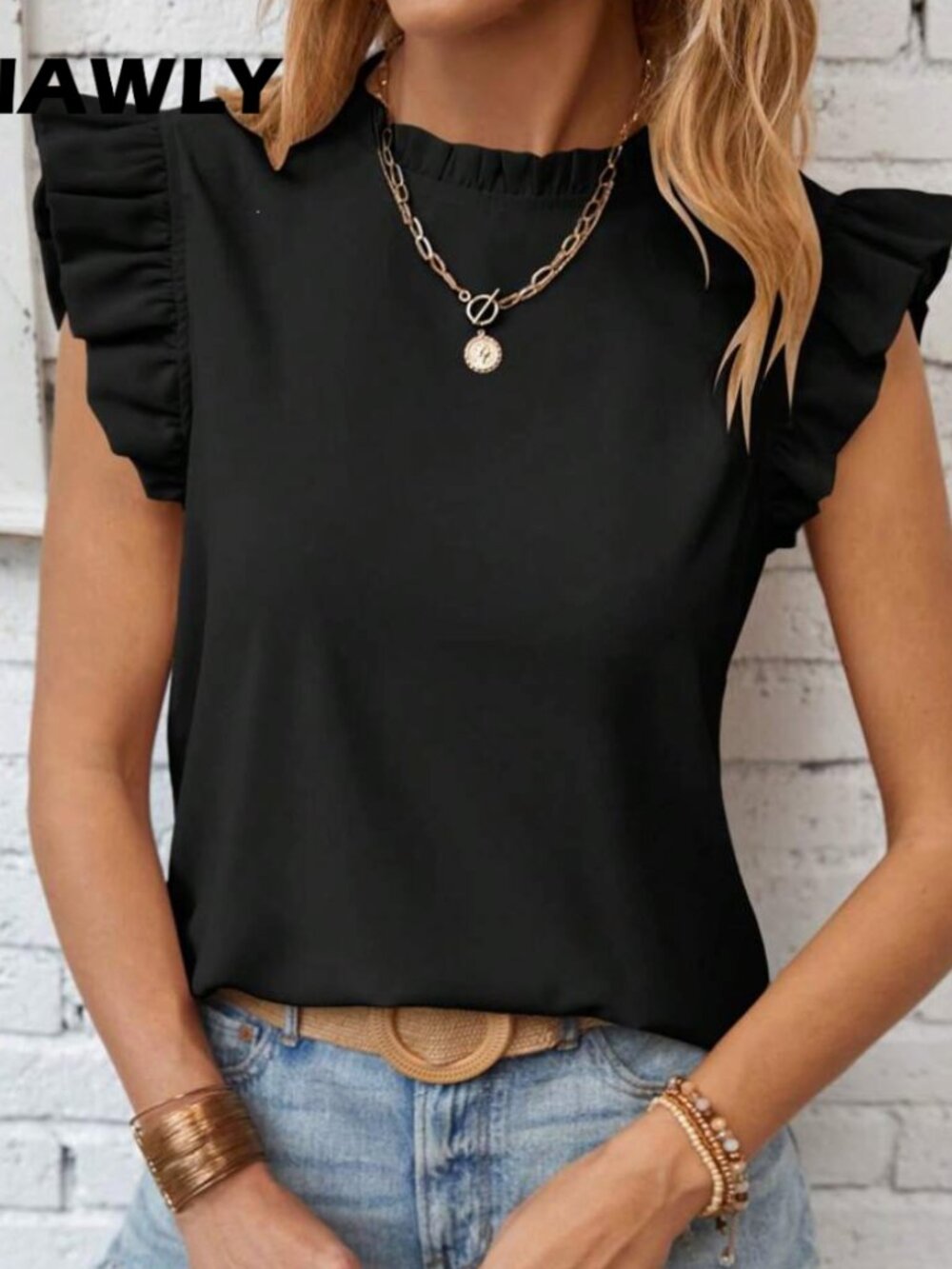 INAWLY Frill Neck Ruffle Trim Blouse